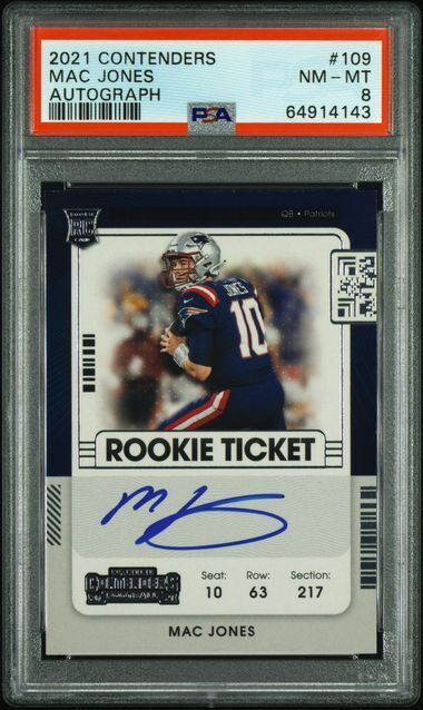 MAC JONES 2021 PANINI CONTENDERS ROOKIE TICKET ON CARD AUTO RC #109 PSA 8 MINT