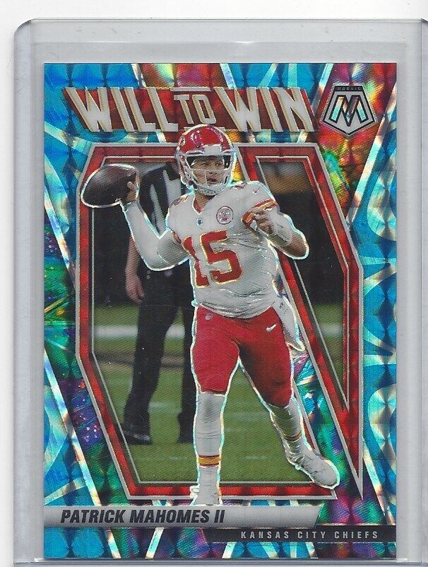 PATRICK MAHOMES II 2021 PANINI MOSAIC WILL TO WIN BLUE REACTIVE PRIZM #D 53/99