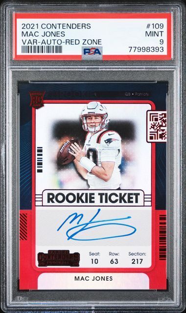 MAC JONES 2021 CONTENDERS ROOKIE TICKET RED ZONE VARIATION AUTO RC SP /20 PSA 9