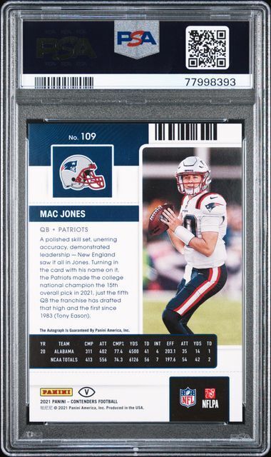 MAC JONES 2021 CONTENDERS ROOKIE TICKET RED ZONE VARIATION AUTO RC SP /20 PSA 9
