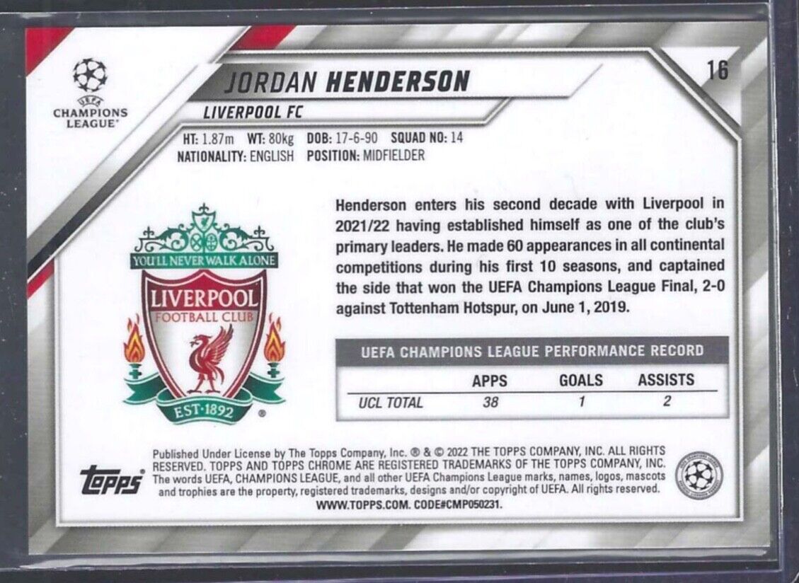 JORDAN HENDERSON 2021-22 TOPPS CHROME GOLD AND RED STARBALL REFRACTOR #16