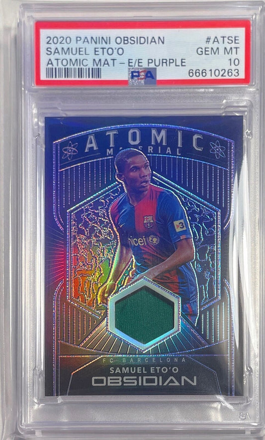 SAMUEL ETO'O 2020-21 OBSIDIAN ATOMIC MATERIAL PURPLE JERSEY #D /7 PSA 10 POP 1/1