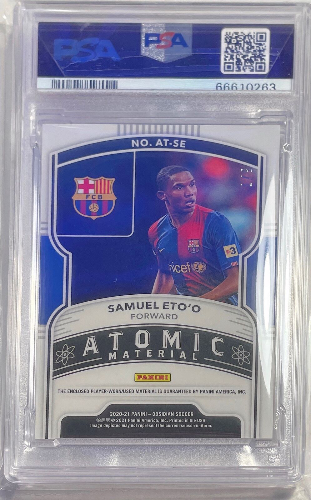 SAMUEL ETO'O 2020-21 OBSIDIAN ATOMIC MATERIAL PURPLE JERSEY #D /7 PSA 10 POP 1/1