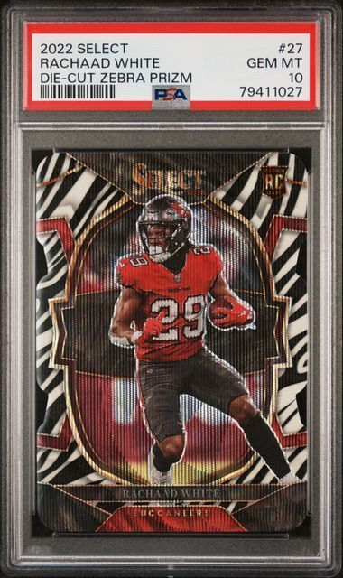 RACHAAD WHITE 2022 SELECT CONCOURSE DIE CUT ZEBRA PRIZM RC #27 PSA 10 GEM POP 8