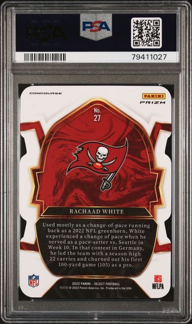 RACHAAD WHITE 2022 SELECT CONCOURSE DIE CUT ZEBRA PRIZM RC #27 PSA 10 GEM POP 8
