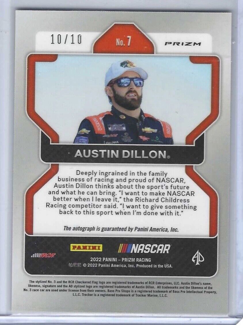 AUSTIN DILLON 2022 PANINI PRIZM GOLD PRIZM AUTO #D 10/10