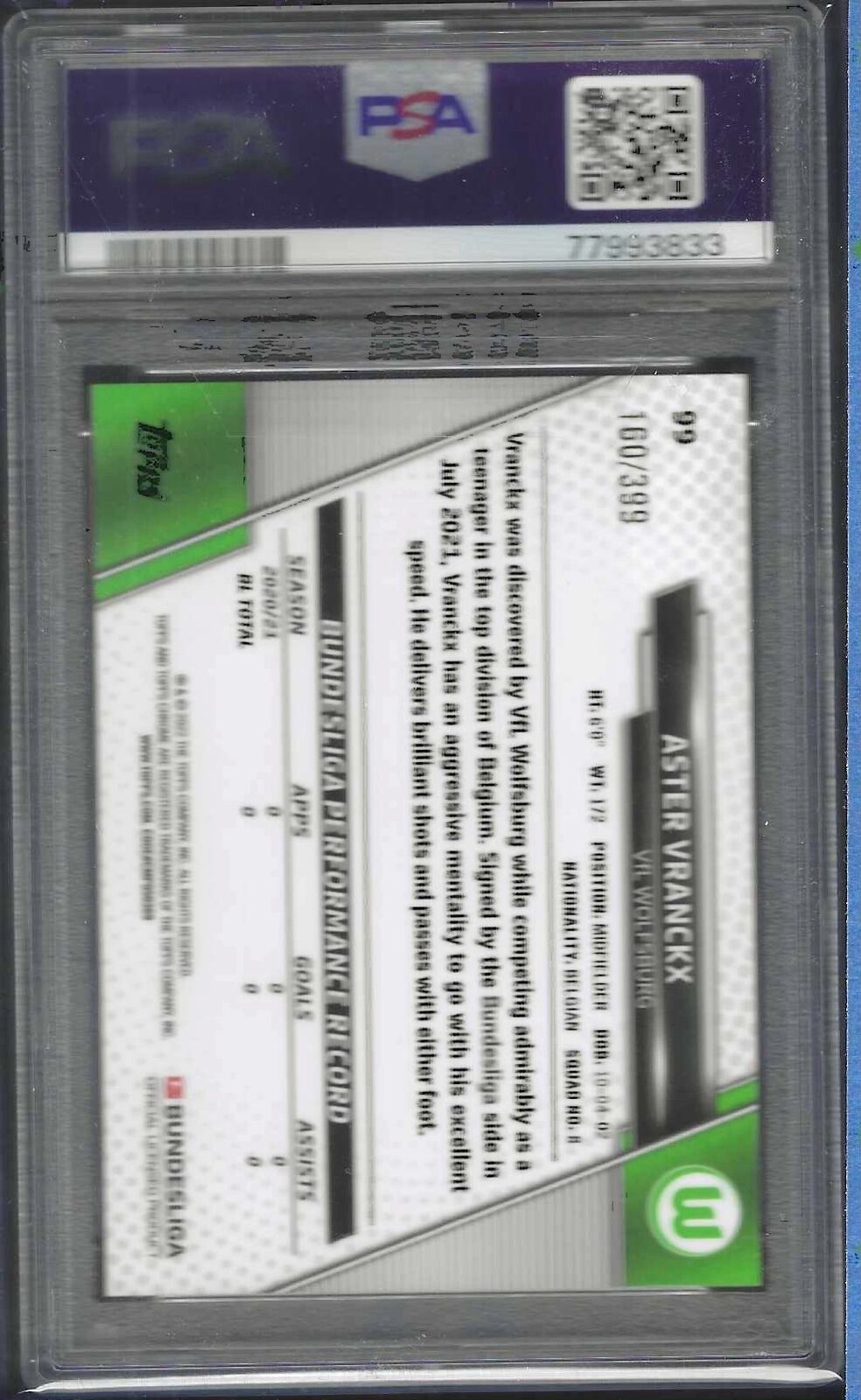 ASTER VRANCKX 2021-22 TOPPS CHROME BUND MAGENTA REFRACTOR RC /399 PSA 10 POP 1/1