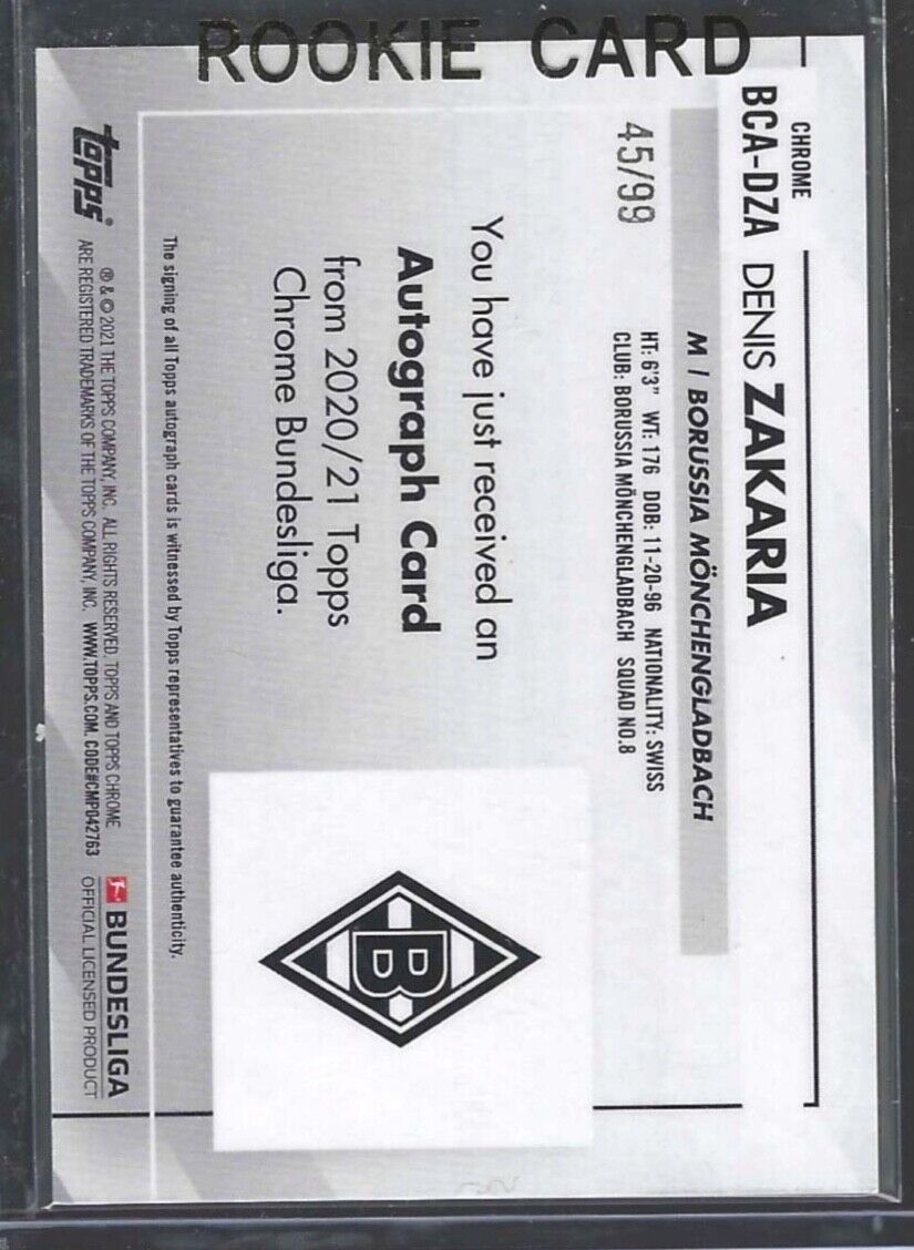DENIS ZAKARIA 2020-21 TOPPS CHROME BUNDESLIGA GREEN REFRACTOR AUTO #D /99