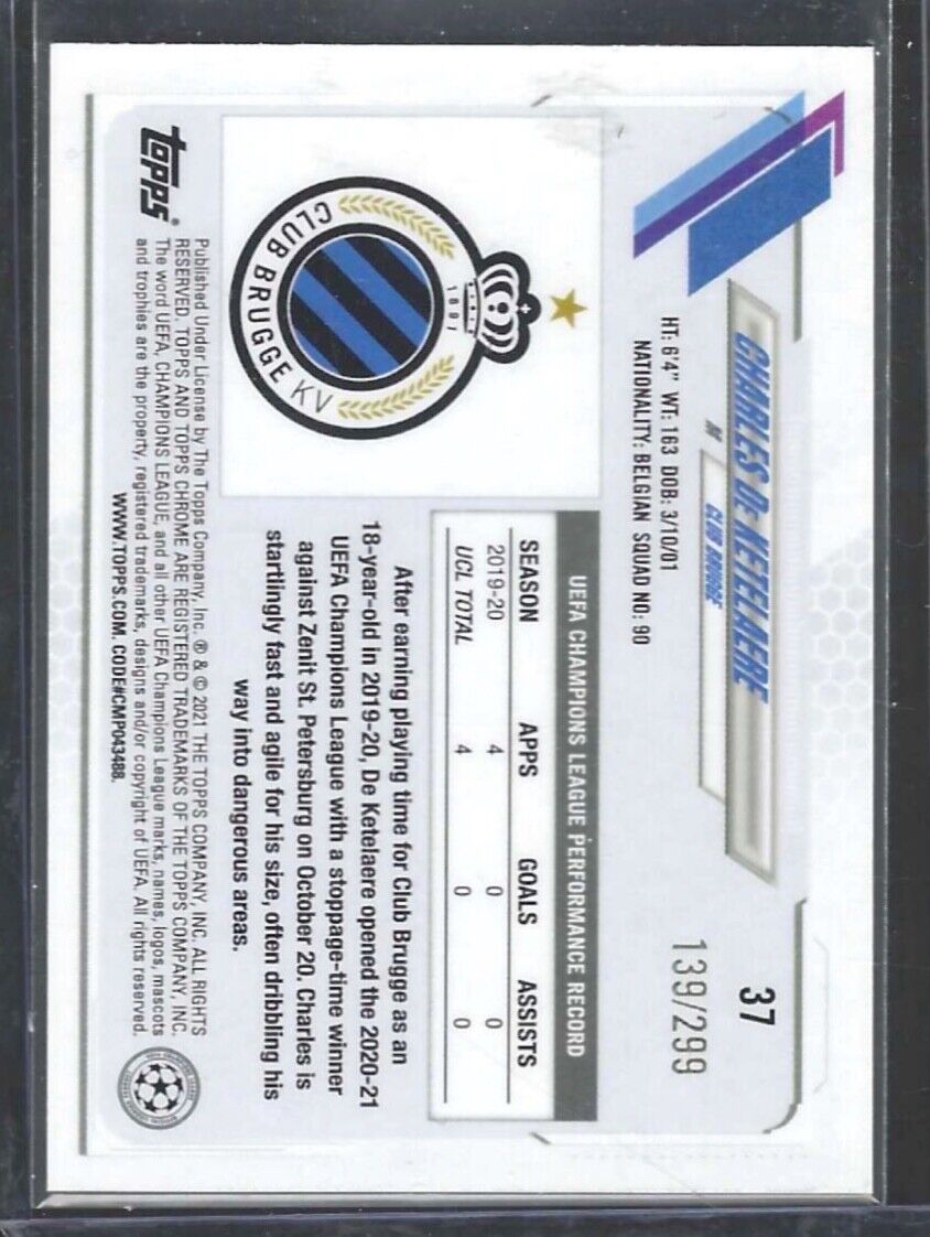 CHARLES DE KETELAERE 2020 TOPPS CHROME YELLOW DIAMOND SPECKLE REFRACTOR RC /299