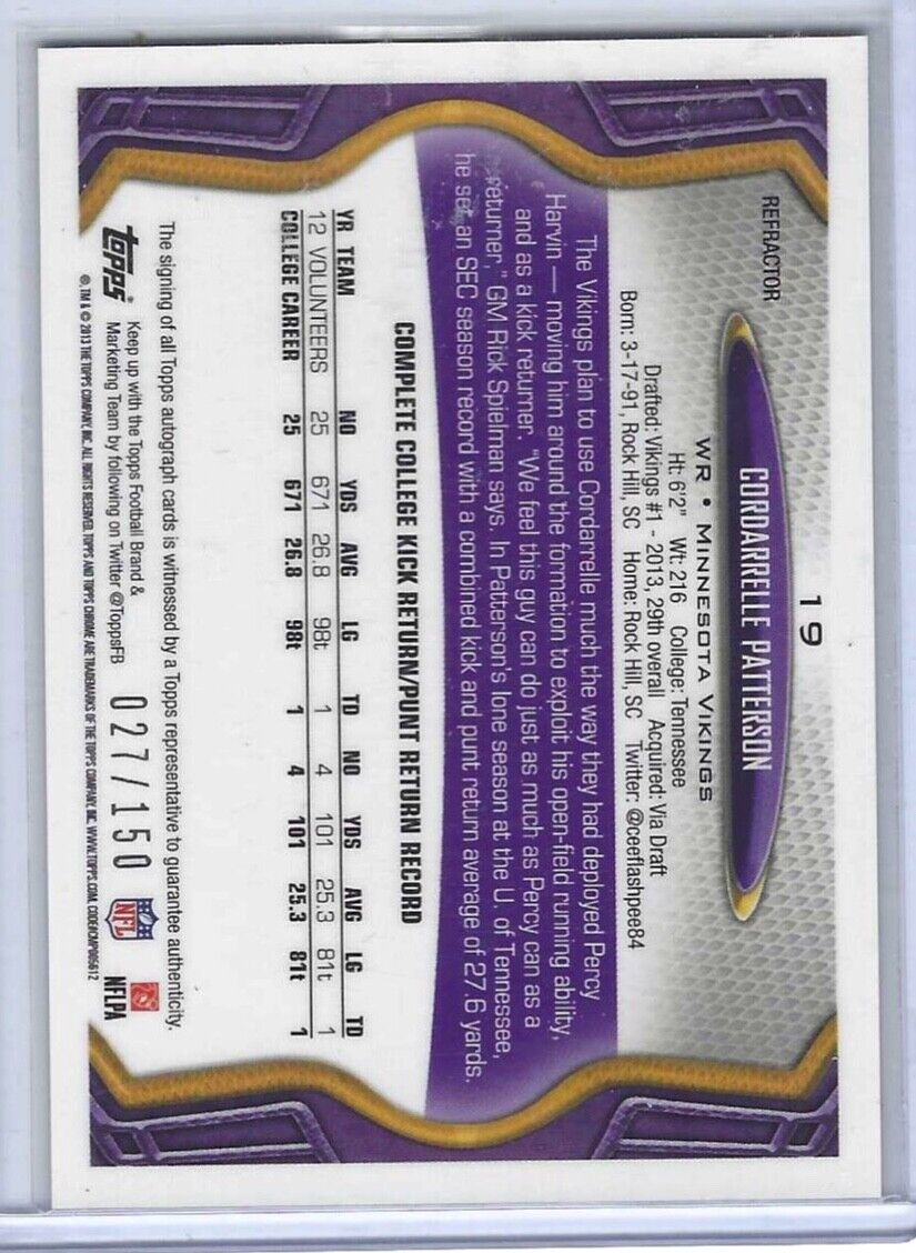 CORDARRELLE PATTERSON 2013 TOPPS CHROME REFRACTOR ROOKIE ON CARD AUTO RC #D /150