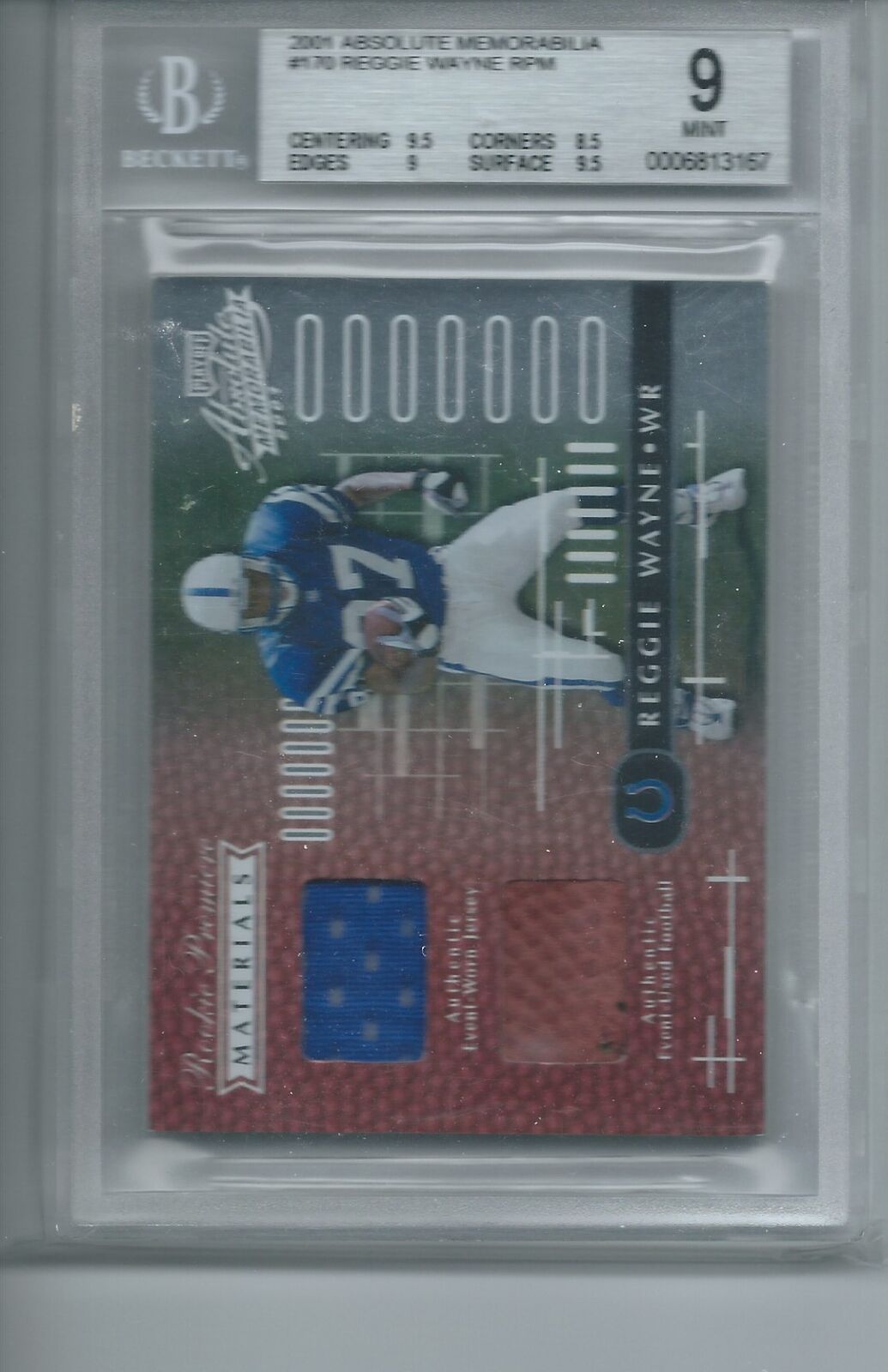 REGGIE WAYNE 2001 ABSOLUTE ROOKIE PREMIERE MATERIALS JERSEY /850 BGS 9 POP 2