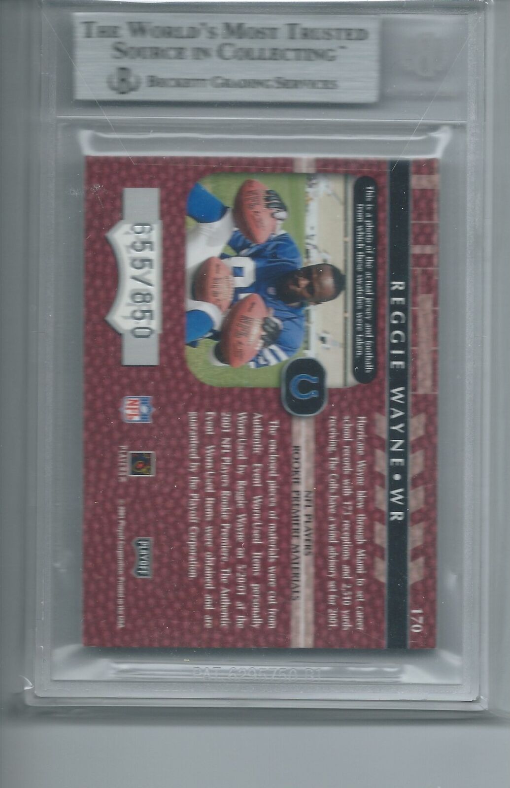 REGGIE WAYNE 2001 ABSOLUTE ROOKIE PREMIERE MATERIALS JERSEY /850 BGS 9 POP 2