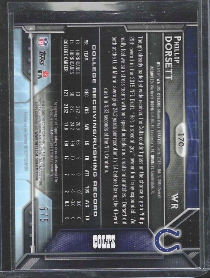 PHILLIP DORSETT 2015 TOPPS CHROME RED REFRACTOR ROOKIE ON CARD AUTO RC #D 5/5