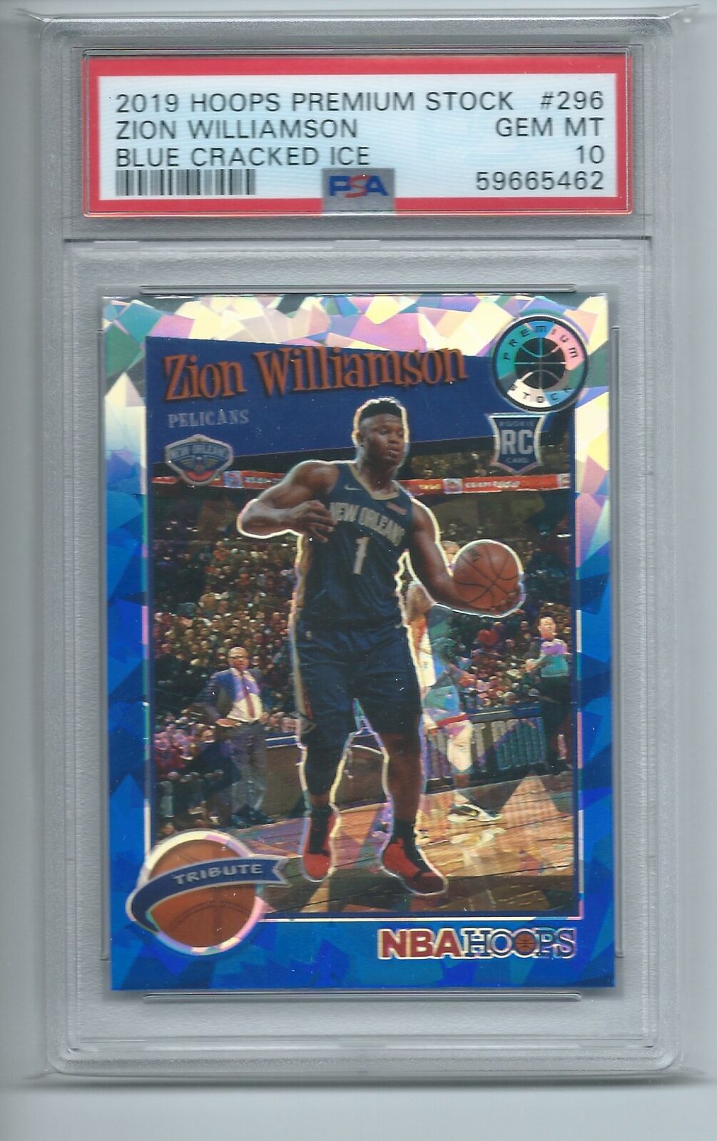 ZION WILLIAMSON 2019-20 PANINI HOOPS PREMIUM STOCK BLUE ICE PRIZM RC 296 PSA 10