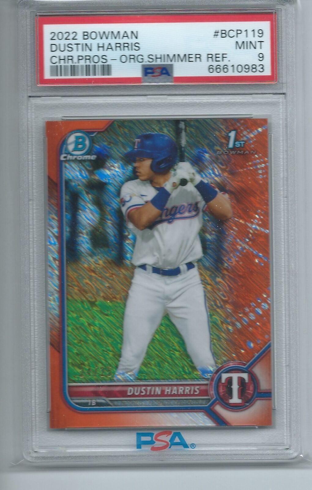 DUSTIN HARRIS 2022 BOWMAN CHROME 1ST ORANGE SHIMMER REFRACTOR #D /25 PSA 9 POP