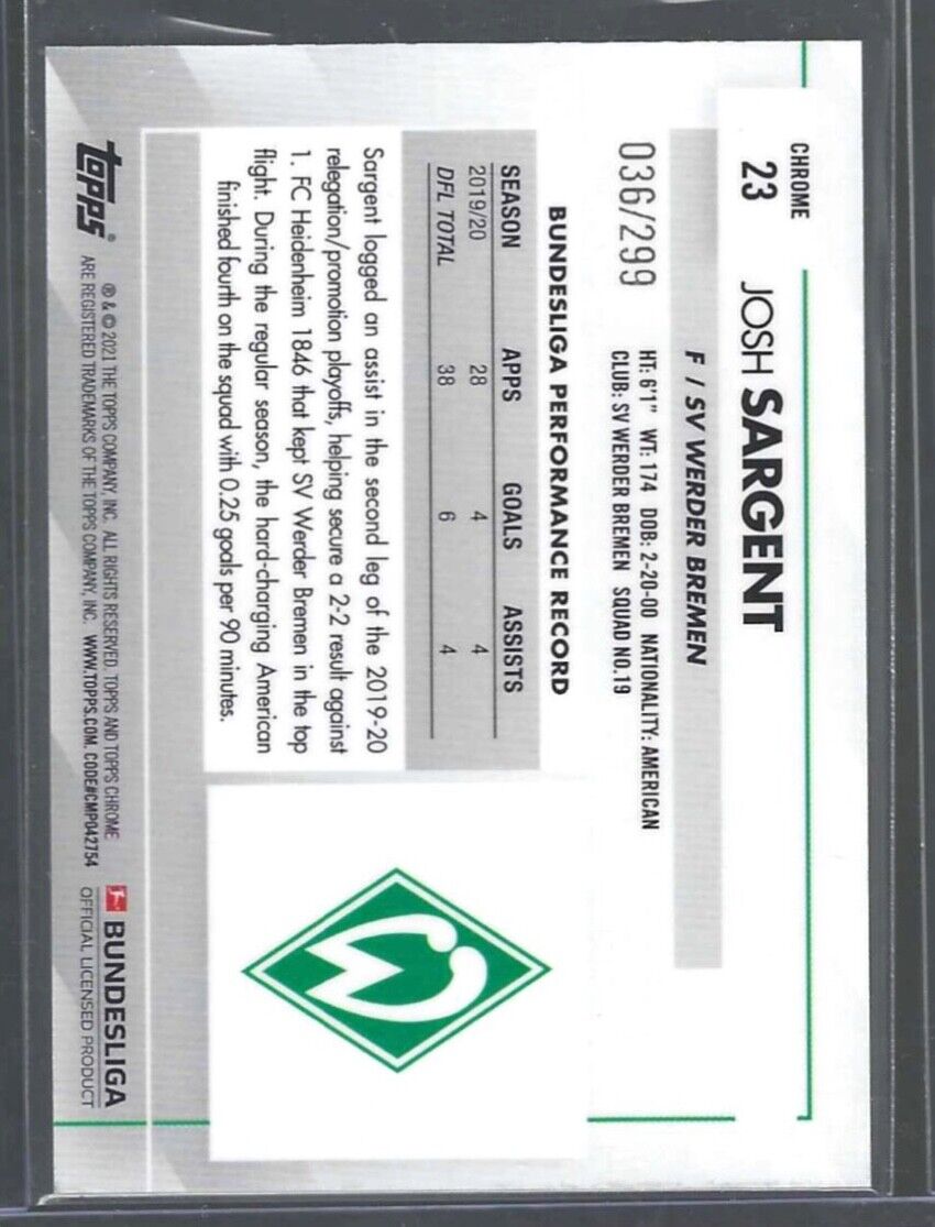JOSH SARGENT 2020-21 TOPPS CHROME BUNDESLIGA PURPLE REFRACTOR #D 036/299