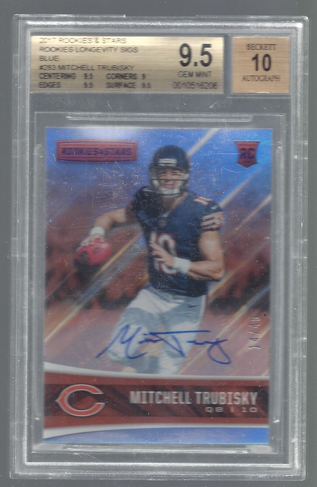 MITCH MITCHELL TRUBISKY 2017 ROOKIES STARS LONGEVITY BLUE AUTO RC /49 BGS 9.5 10