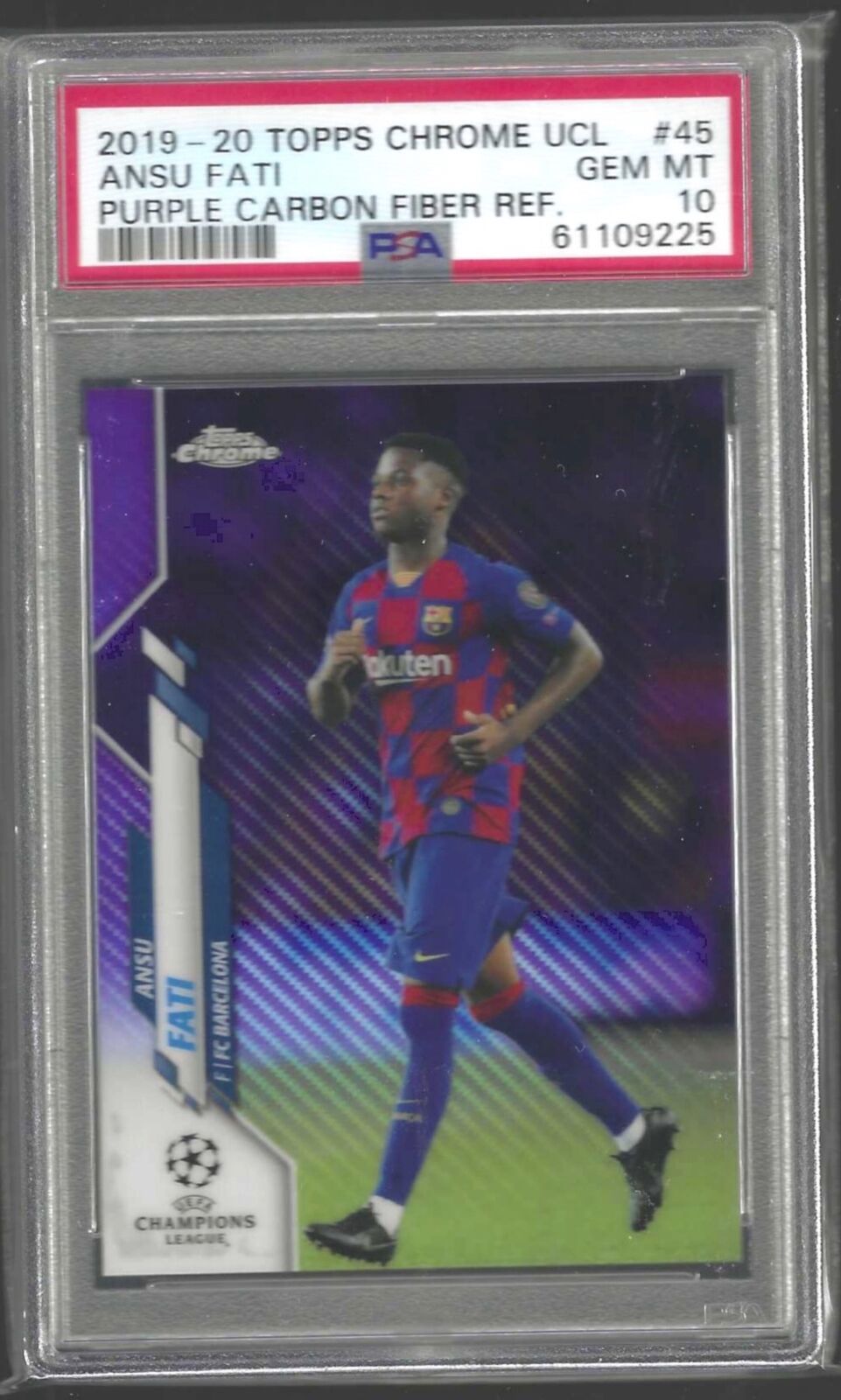 ANSU FATI 2019-20 TOPPS CHROME UCL PURPLE CARBON REFRACTOR SP RC #45 PSA 10 GEM
