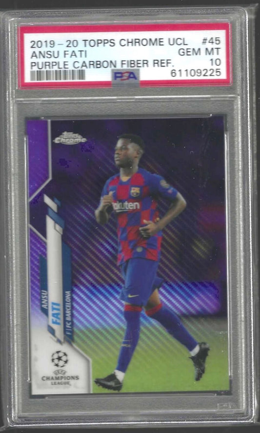ANSU FATI 2019-20 TOPPS CHROME UCL PURPLE CARBON REFRACTOR SP RC #45 PSA 10 GEM