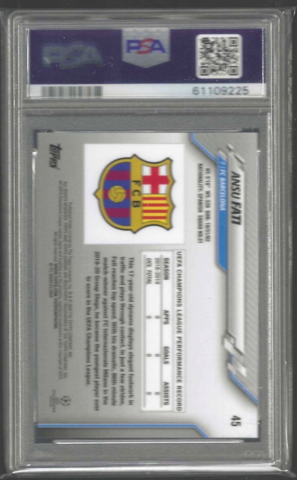 ANSU FATI 2019-20 TOPPS CHROME UCL PURPLE CARBON REFRACTOR SP RC #45 PSA 10 GEM
