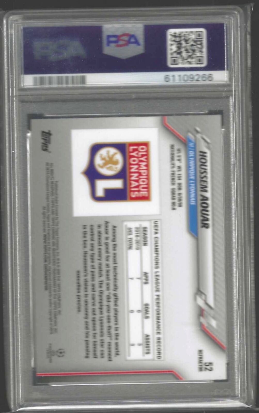 HOUSSEM AOUAR 2019-20 TOPPS CHROME UCL SILVER REFRACTOR RC #52 PSA 10 GEM MINT