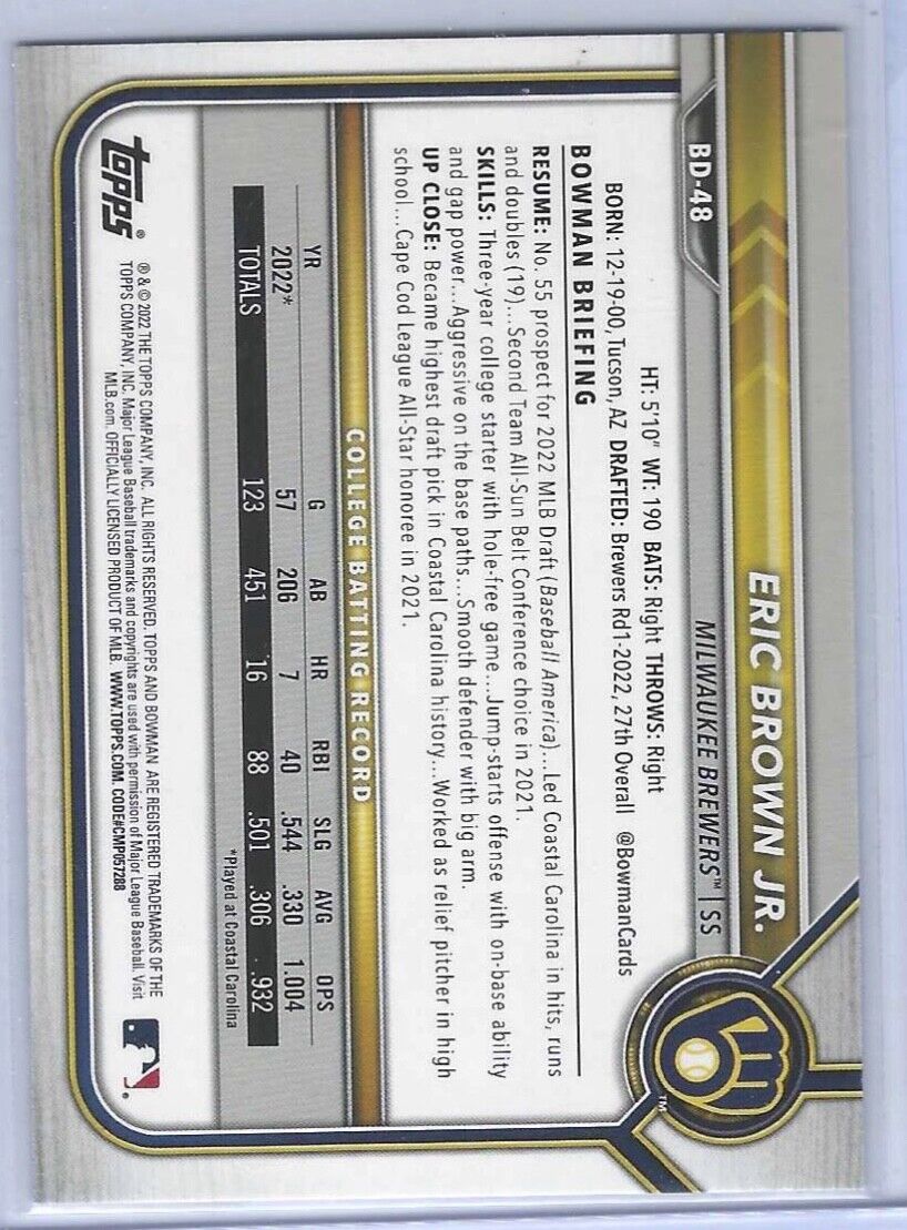 ERIC BROWN JR 2022 BOWMAN PURPLE 1ST BOWMAN PROSPECT #D 042/250