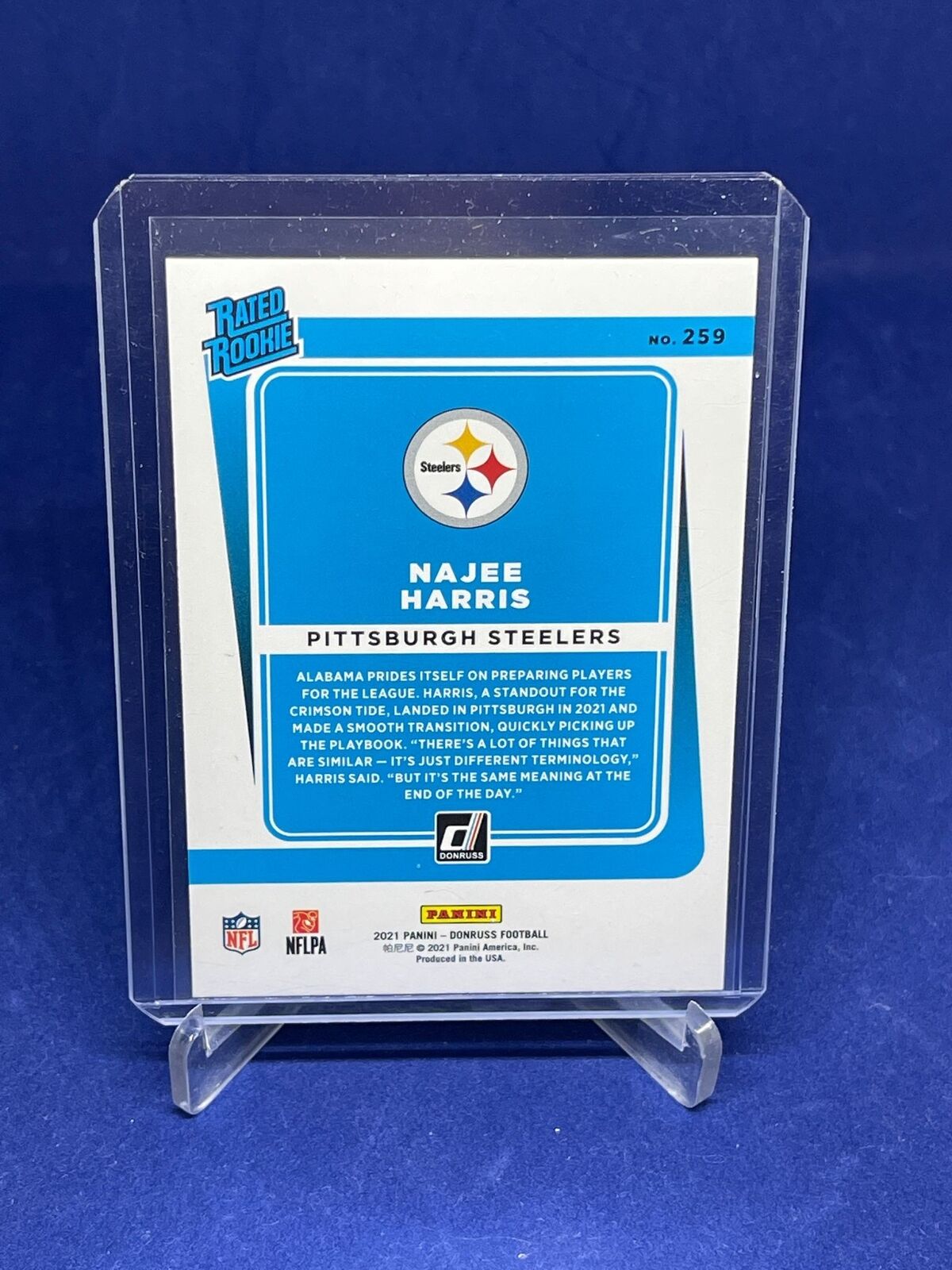 NAJEE HARRIS 2021 PANINI DONRUSS RATED ROOKIE PRESS PROOF BLUE RC #259