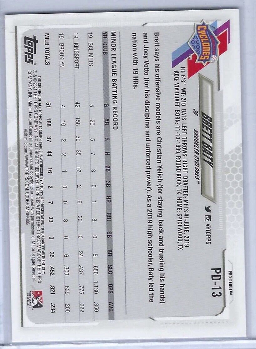 BRETT BATY 2021 TOPPS PRO DEBUT PROSPECT AUTO #PD-13