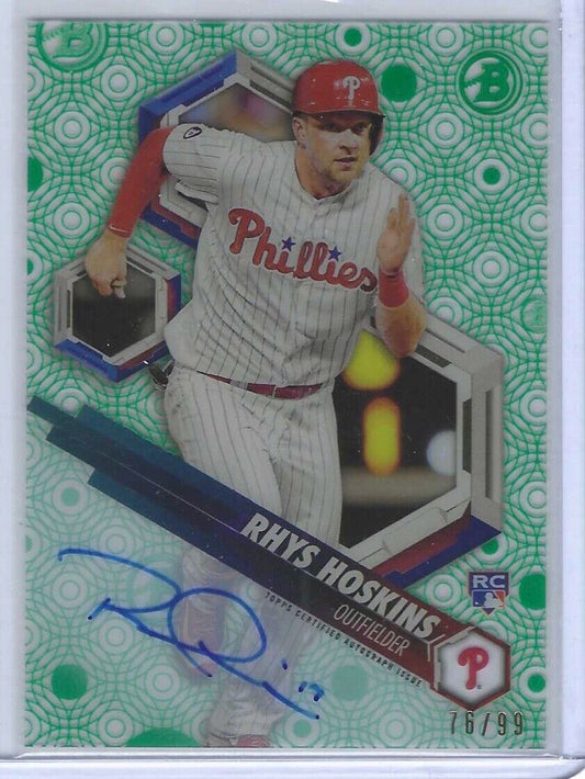 RHYS HOSKINS 2018 TOPPS BOWMAN HIGH TEK GREEN DIFFRACTOR ROOKIE AUTO RC #D 76/99