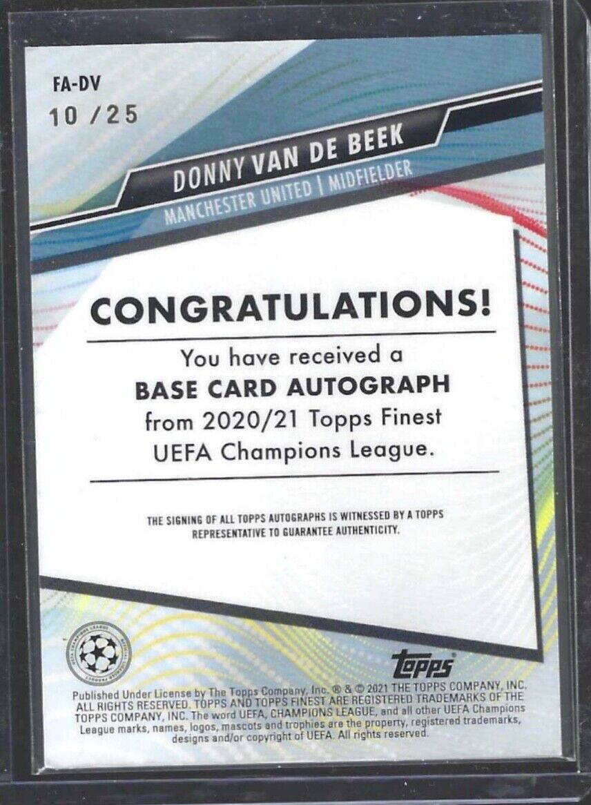 DONNY VAN DE BEEK 2020-21 TOPPS FINEST UCL ORANGE WAVE REFRACTOR AUTO #D /25