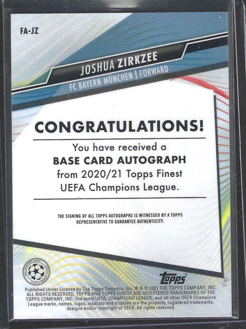 JOSHUA ZIRKZEE 2020-21 TOPPS FINEST UCL SILVER REFRACTOR AUTO #FA-JZ