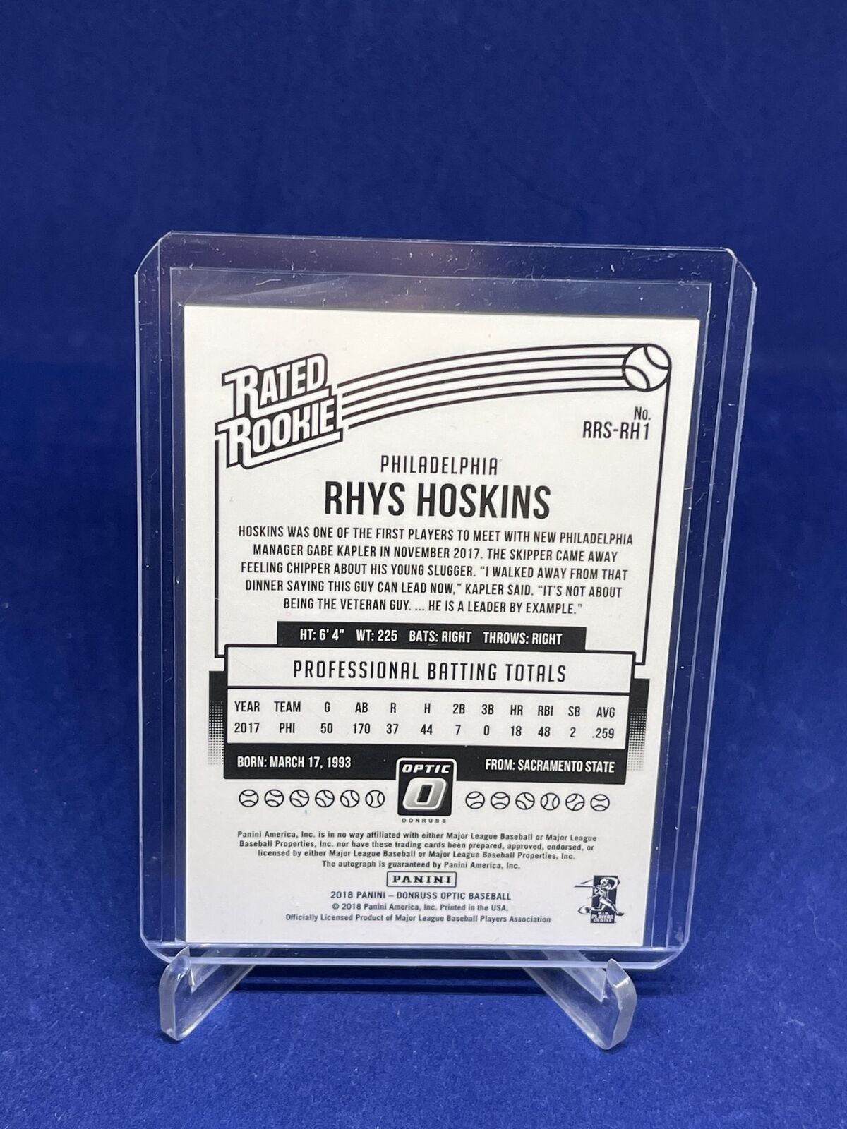 RHYS HOSKINS 2018 PANINI DONRUSS OPTIC RATED ROOKIE ON CARD AUTO RC