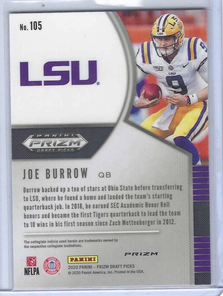 JOE BURROW 2020 PANINI PRIZM DRAFT PICKS PURPLE PRIZM ROOKIE RC #105