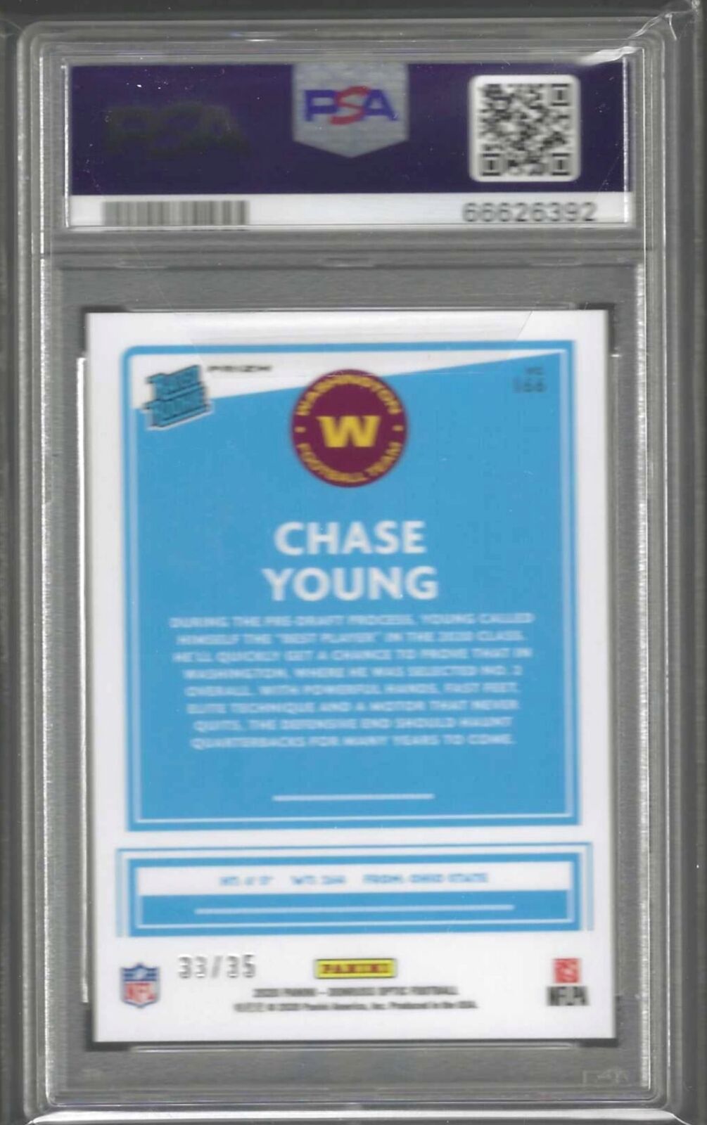 CHASE YOUNG 2020 PANINI DONRUSS OPTIC LIME GREEN HOLO PRIZM RC /35 PSA 9 POP 3