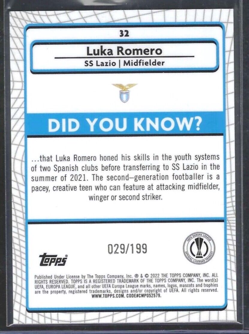 LUKA ROMERO 2021-22 TOPPS MERLIN AQUA REFRACTOR ROOKIE RC #D 029/199