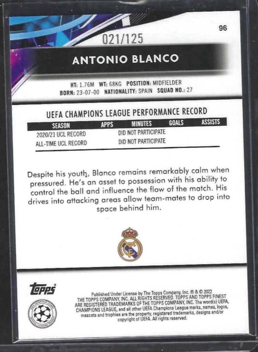 ANTONIO BLANCO 2021-22 TOPPS FINEST PINK HYPER REFRACTOR ROOKIE RC #D 021/125