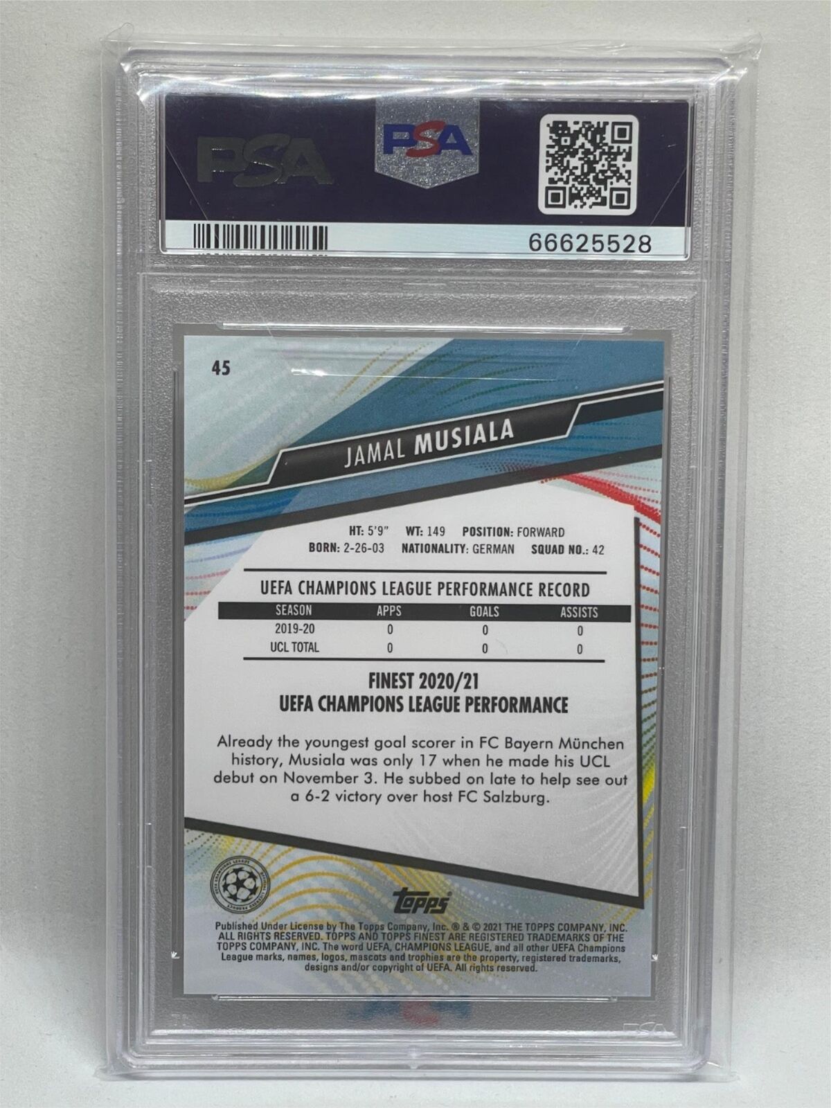 JAMAL MUSIALA 2020 TOPPS FINEST UCL #45 ROOKIE RC PSA 10 GEM MINT