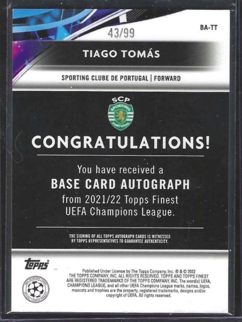 TIAGO TOMAS 2021-22 TOPPS FINEST GREEN REFRACTOR ROOKIE AUTO RC #D 43/99