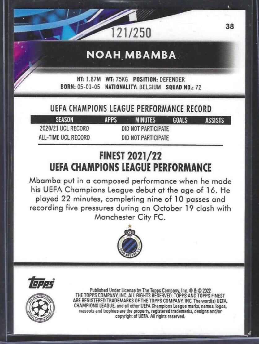 NOAH MBAMBA 2021-22 TOPPS FINEST YELLOW HYPER REFRACTOR ROOKIE RC #D 121/250