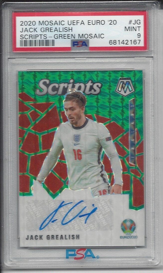 JACK GREALISH 2020-21 MOSAIC UEFA EURO '20 SCRIPTS GREEN PRIZM AUTO PSA 9 MINT