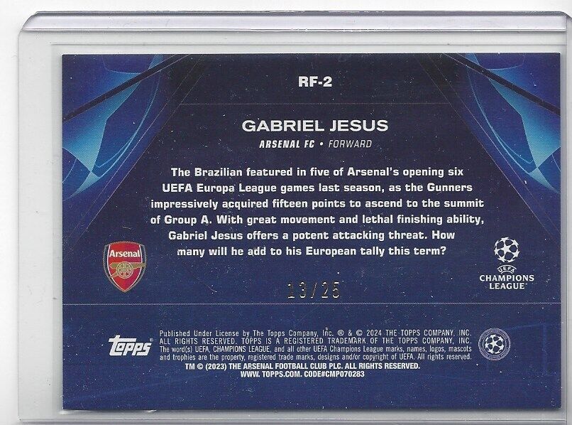 GABRIEL JESUS 2023-24 TOPPS CLUB COMPETITIONS ROAD TO LONDON ORANGE FOIL #D /25