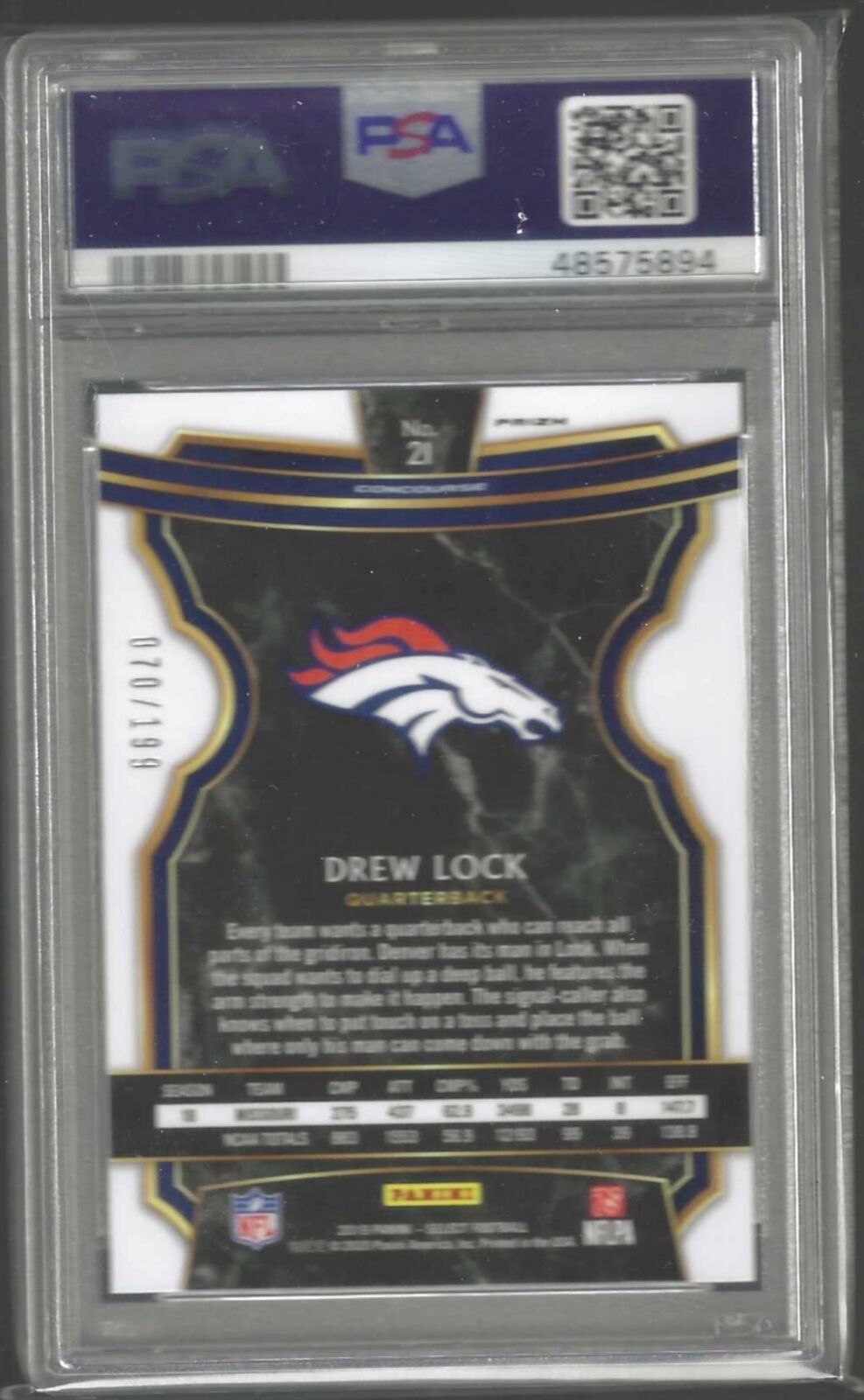 DREW LOCK 2019 PANINI SELECT CONCOURSE TRI COLOR PRIZM RC /199 PSA 9 MINT POP 9