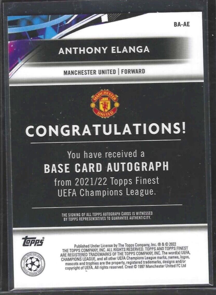 ANTHONY ELANGA 2021-22 TOPPS FINEST SILVER REFRACTOR ROOKIE AUTO RC #BA-AE