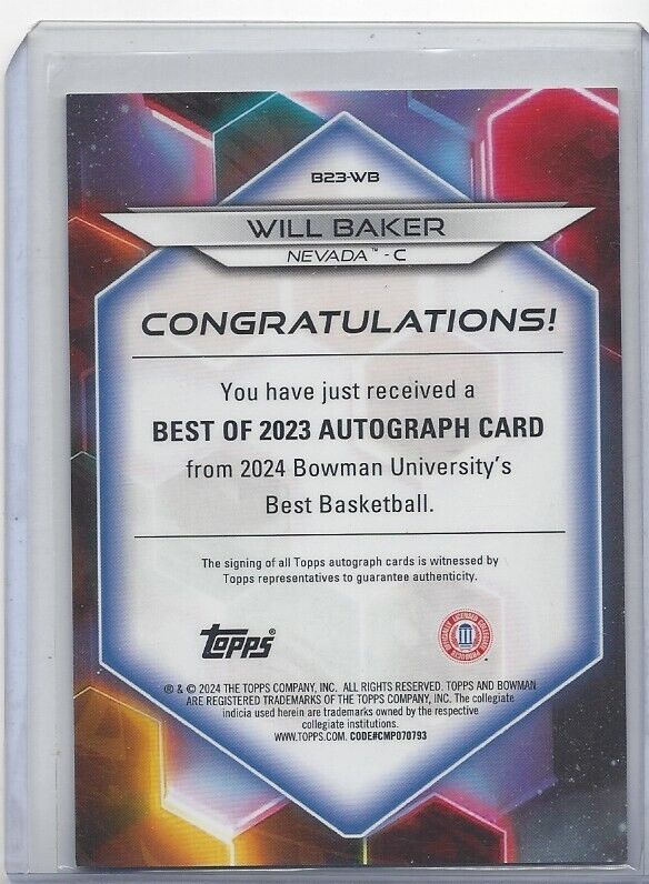 WILL BAKER 2023 BOWMANS BEST RED GEOMETRIC REFRACTOR AUTO #D 7/10
