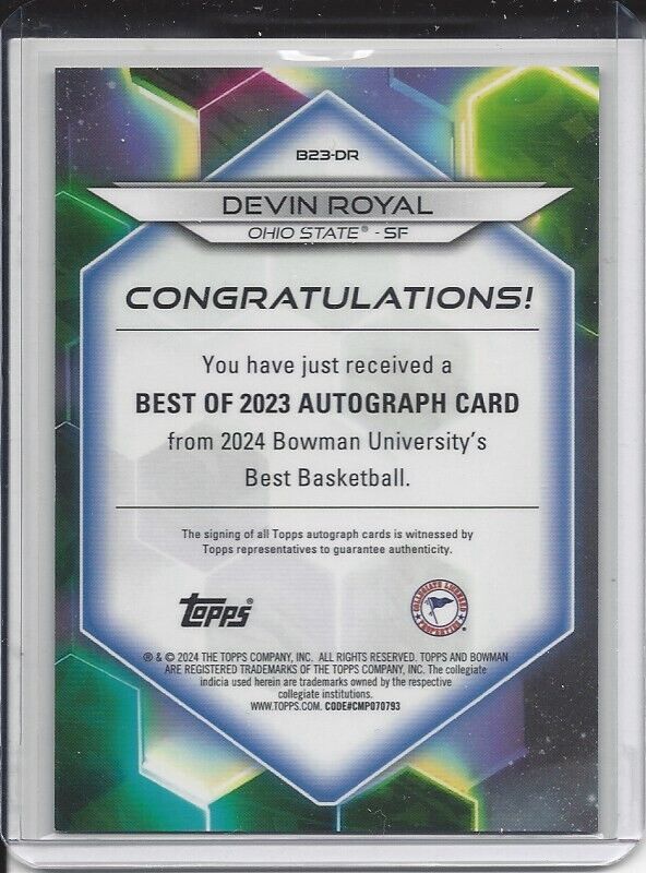 DEVIN ROYAL 2023 BOWMAN'S BEST UNIVERSITY GOLD REFRACTOR AUTO #D 15/50