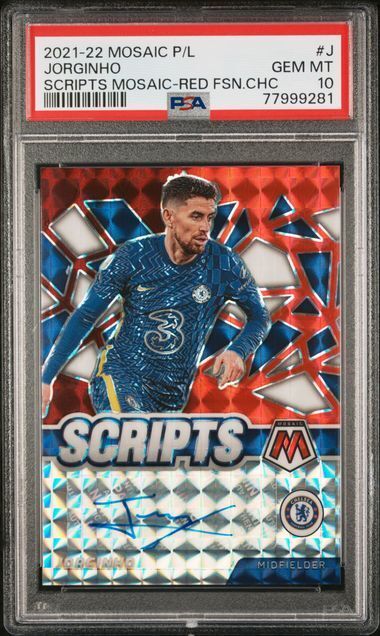 JORGINHO 2021-22 MOSAIC PREMIER LEAGUE SCRIPTS RED PRIZM AUTO PSA 10 GEM POP 1/1