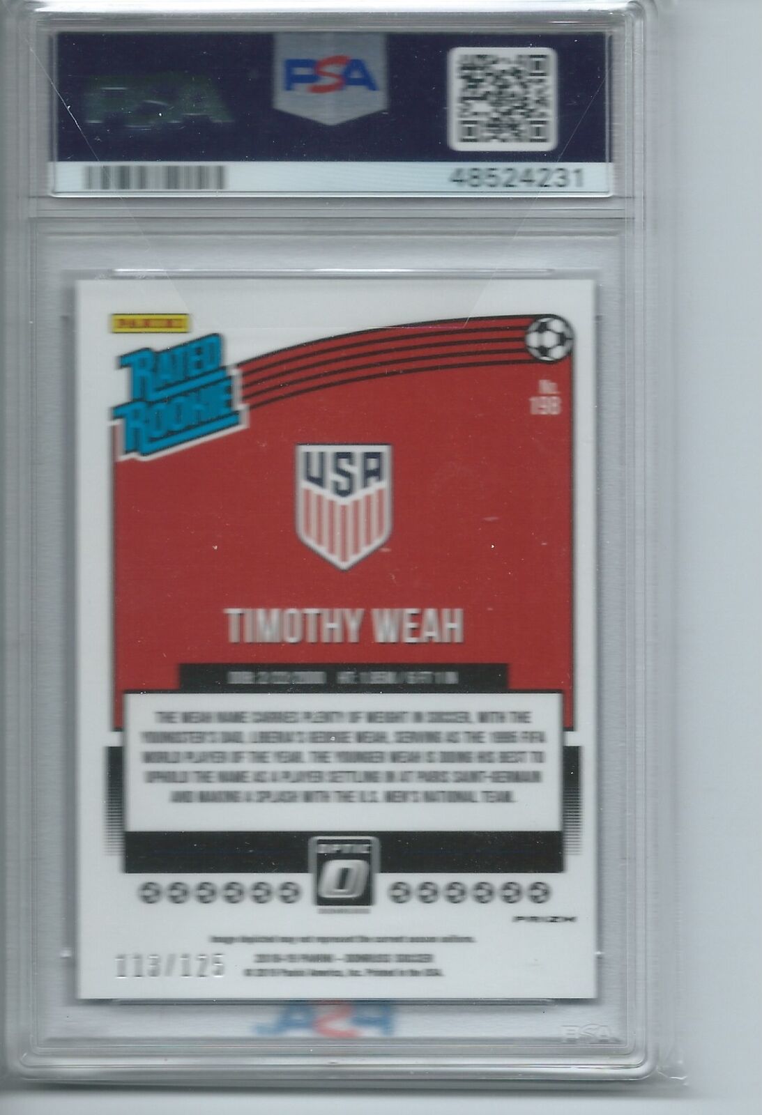 TIMOTHY WEAH 2018-19 DONRUSS OPTIC RATED ROOKIE PURPLE VELOCITY RC /125 PSA 10