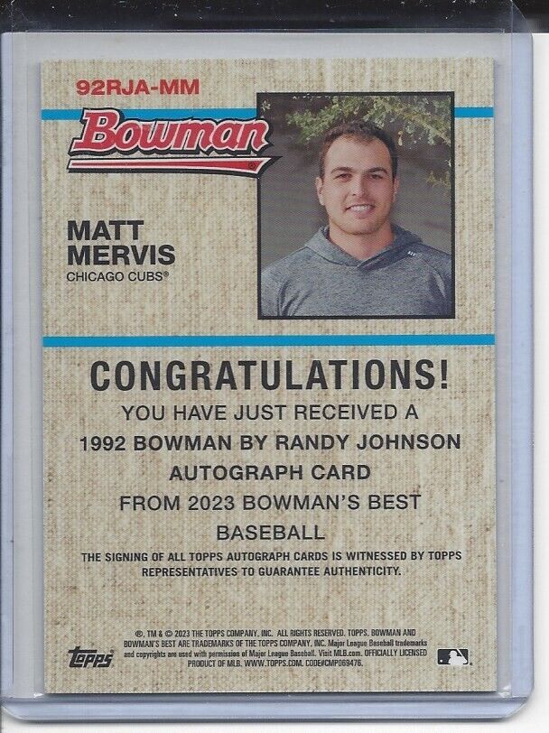 MATT MERVIS 2023 BOWMAN CHROME 92 BOWMAN RANDY JOHNSON ON CARD AUTO RC #D 40/50