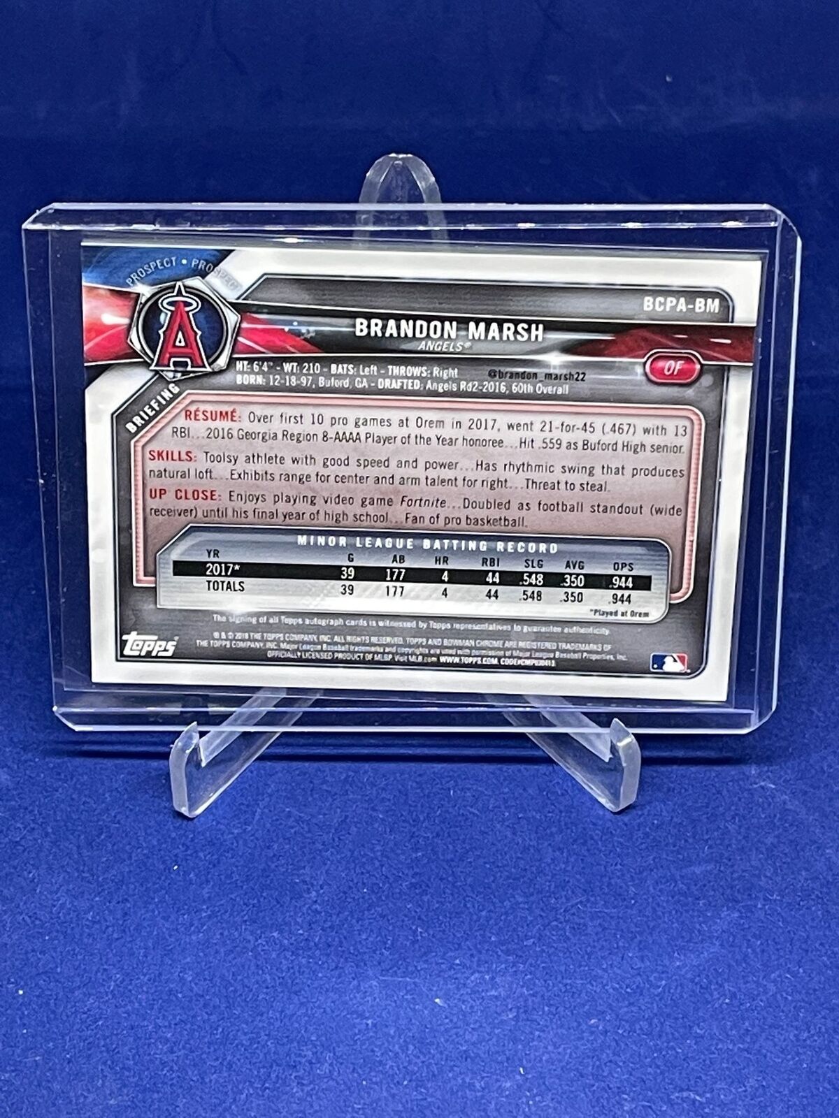 BRANDON MARSH 2018 BOWMAN CHROME ON CARD AUTO PROSPECT