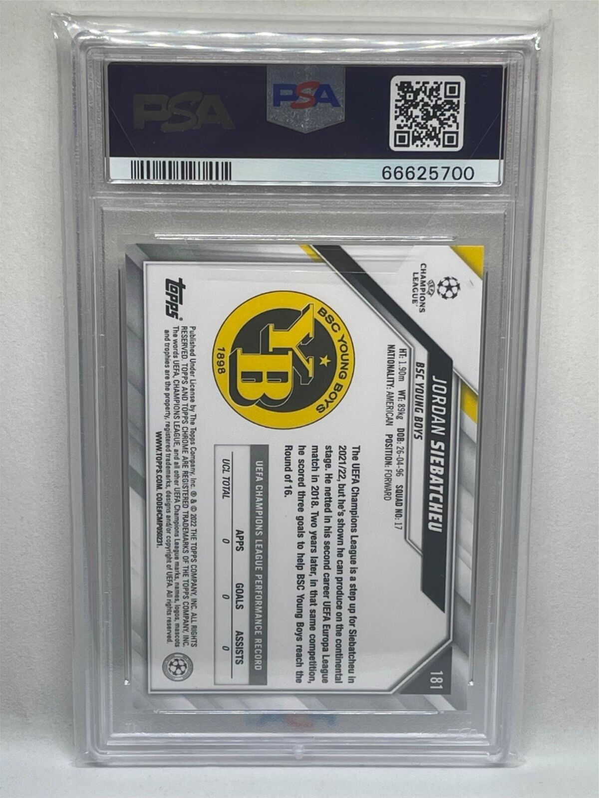 JORDAN SIEBATCHEU 2021-22 TOPPS CHROME UCL #181 ROOKIE RC PSA 10 GEM MINT POP 2